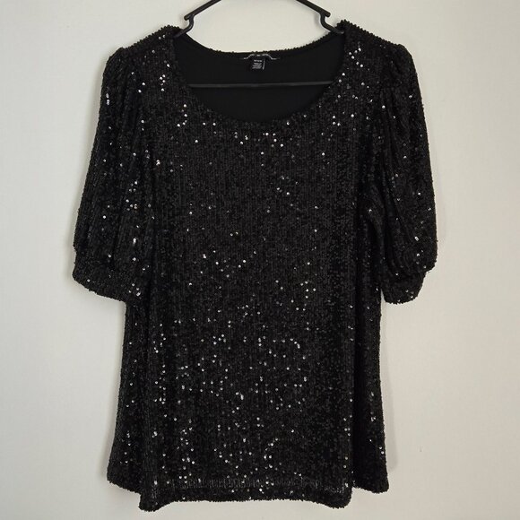 CABLE & GAUGE Black Sequin Short Sleeve Top Size M - Picture 1 of 5